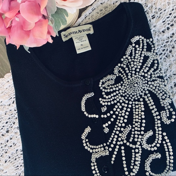 SEVENTH AVENUE BLACK KNIT CARDIGAN SWEATER WITH PEARL DESIGN - Picture 7 of 10